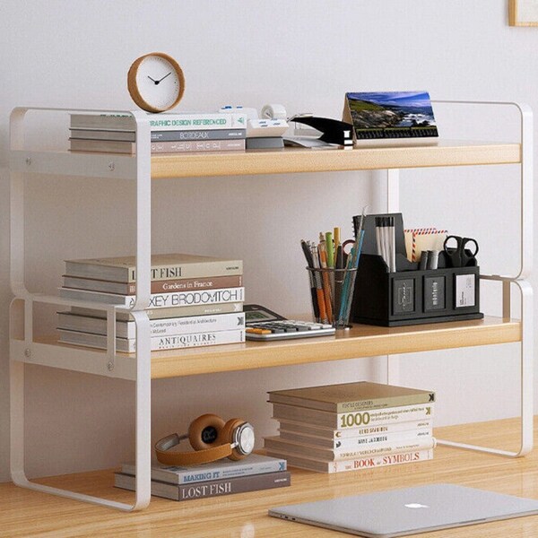 2 Layer Desktop Storage Rack Shelf Desk Bookshelf File Organizer Table-White