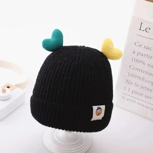 Black Warm Stretchy Baby Beanie Hat With Heart Horn