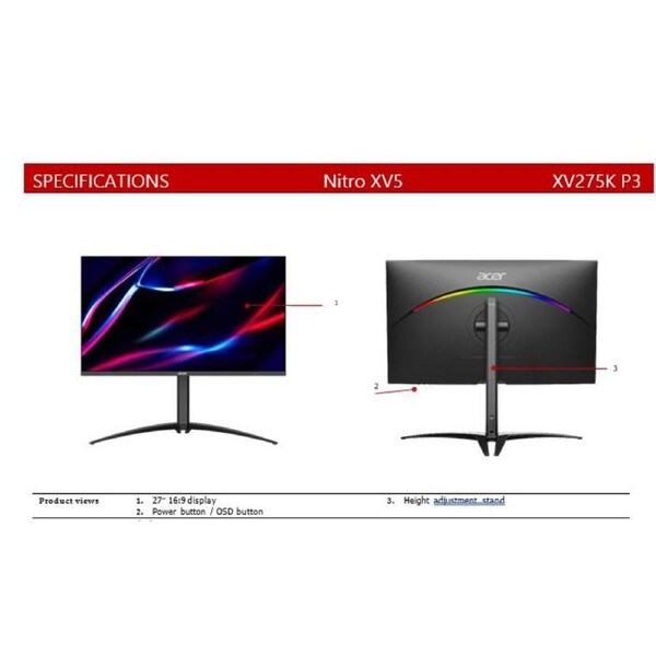 Acer NITRO ADAPTIVESYNC, 27" HDR1000,16:9,MINI LED,UHD(3840x2160),1ms,160Hz, Gaming Monitor