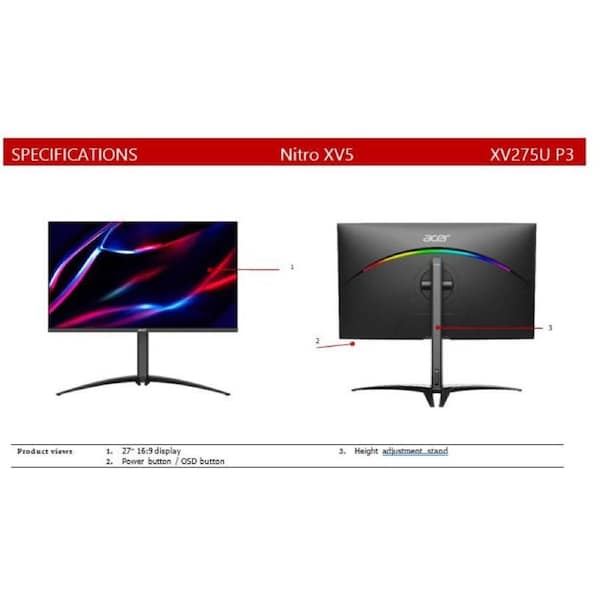 Acer NITRO ADAPTIVESYNC, 27" HDR1000,16:9,MINI LED,QHD(2560x1440),2ms,170Hz,Gaming Monitor