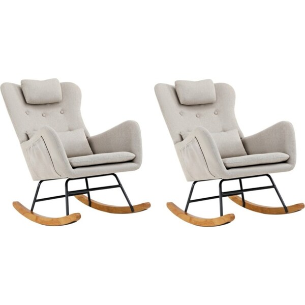 Oikiture 2x Rocking Chair Nursing Armchair Linen With 2 Pillow Beige