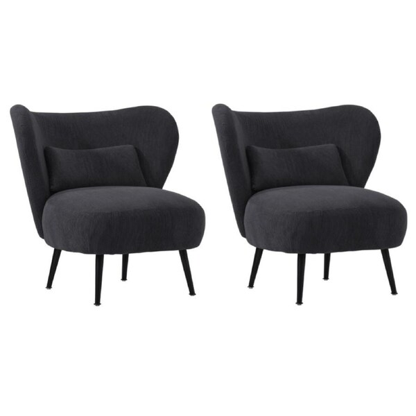 Oikiture 2x Armchair Lounge Chair with Lumbar Pillow Wingback Velvet Charcoal