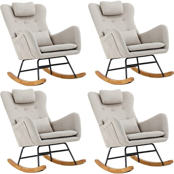 Oikiture 4x Rocking Chair Nursing Armchair Linen With 2 Pillow Beige