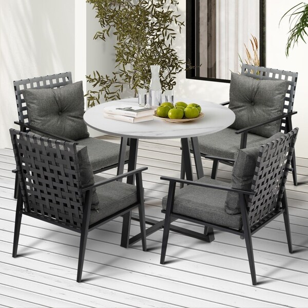 Livsip Outdoor Dining Set 4 Seater Marble Table Patio Furniture Rattan Armchair