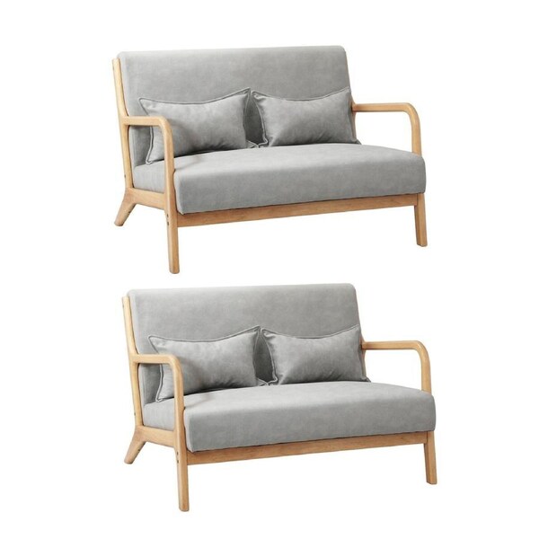 Oikiture 2X Armchair Lounge Chair 2 Seater Accent Couch Sofa Fabric Grey Pillows