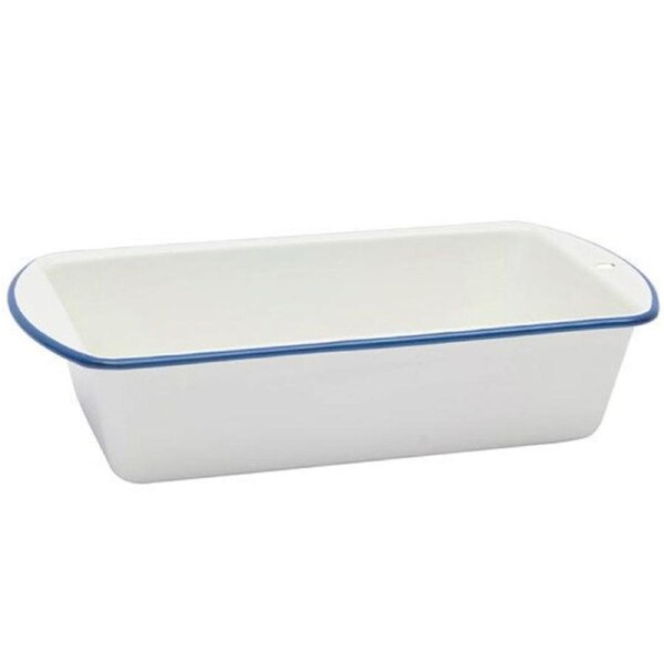 Falcon Enamelware Loaf Pan in White with Blue Rim Enamel
