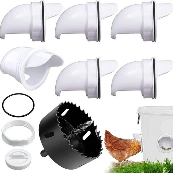 6 Pack DIY Chicken Feeder Kit, No Waste Poultry Feeder Port Gravity Feed Kit for Buckets, Barrels, Bins - Rian Proof (6 Feeder Ports with Hole Saw)