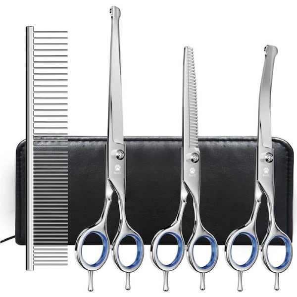 Professional Dog Grooming Scissors Set with Safety Ronud Tip, MAOCG Twin-Tail Thinning, Curved, Straight Shears and Comb for Dogs & Cats, Sharp and Durable, Suitable for Lefty and Righty