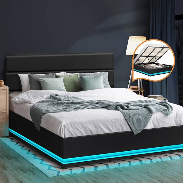 Oikiture Bed Frame Queen Double King Size RGB LED Gas Lift Base With Storage Queen