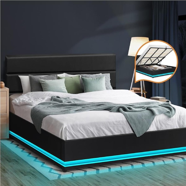 Oikiture Bed Frame Queen Double King Size RGB LED Gas Lift Base With Storage King