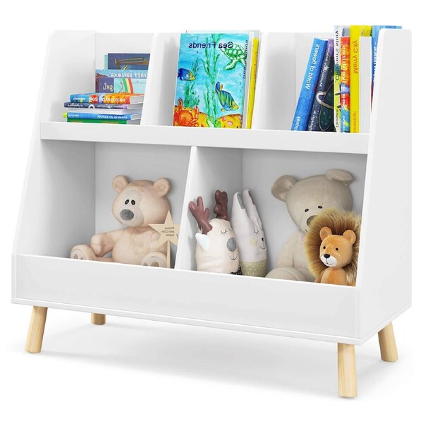 Giantex 2-Tier Kids Bookshelf & Toy Organizer 5-Cube Toy Chest w/Solid Wood Legs White