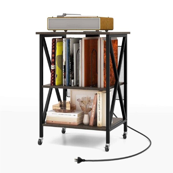 Giantex Record Player Stand Storage Rack w/Charging Station Bedside Table Grey