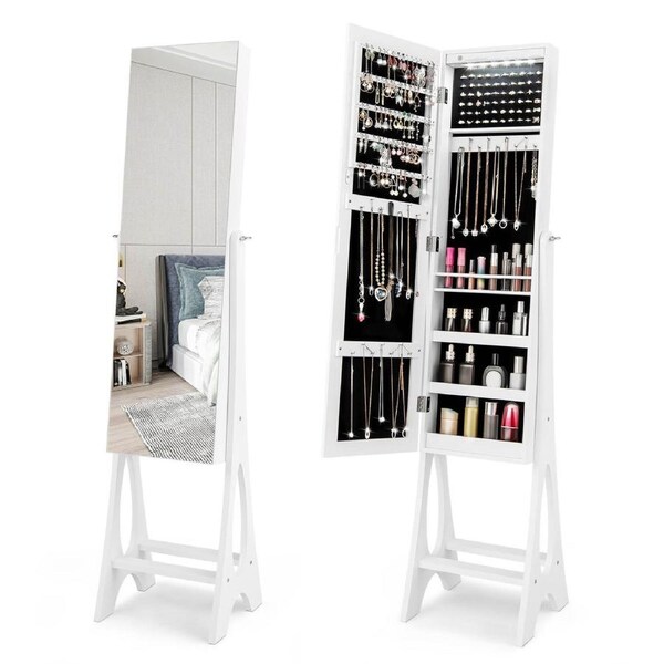Giantex Mirror Jewelry Cabinet Jewelry Organizer w/Full Length Mirror & LED Lights Jewelry Armoire White
