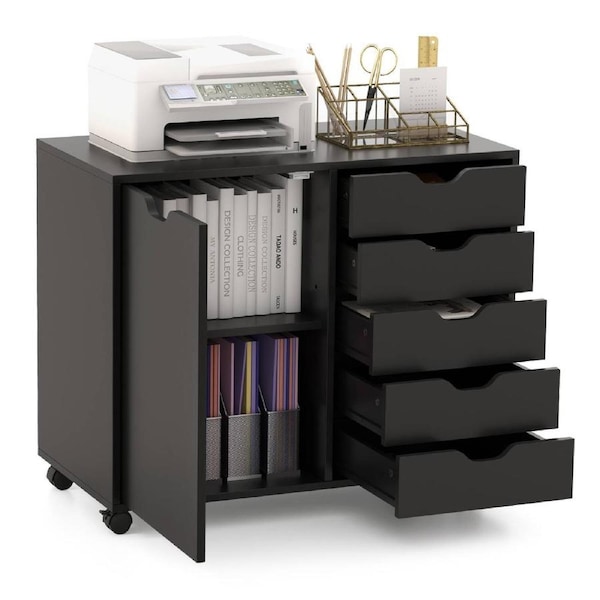 Giantex 5-Drawer File Cabinet Mobile Storage Cabinet w/Door & Shelf Wooden Side Table Home Office Black