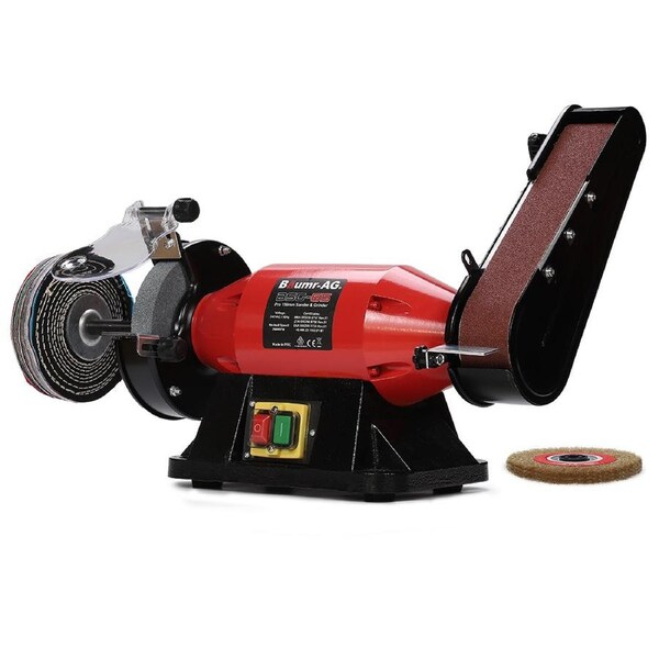 BAUMR-AG Bench Grinder Sander and Polisher Combo, 150mm Grinding Wheel, 50mm Linisher, 520W Brushless Motor, w/ Wire and Buffing Wheels
