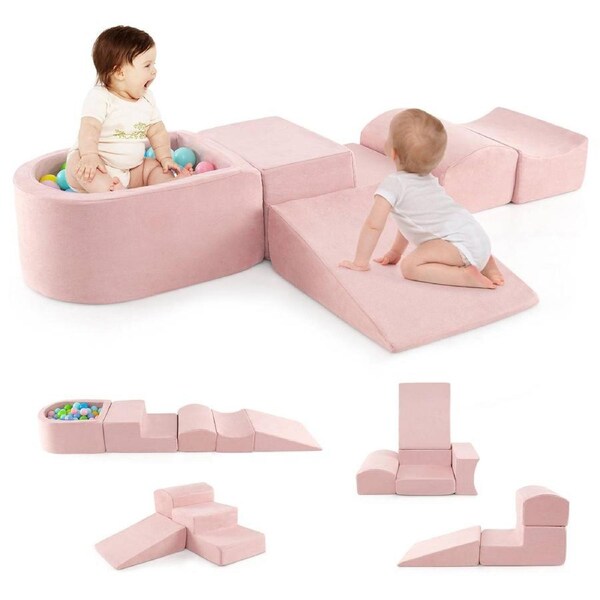Costway 5PCS Climbing Block Set Funiture Set Convertible Foam Living room Kindergarten Pink