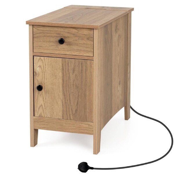 Giantex Side Table Narrow Nightstand End Table w/Drawer & Charging Station Storage Cabinet Bedroom Natural