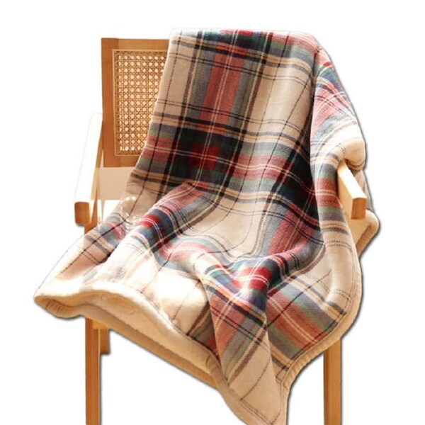 Nevenka Winter Thickened Warm Lamb Velvet Blanket Scotland Plaid Blankets Gift for Adults-Beige 150 x 200 CM