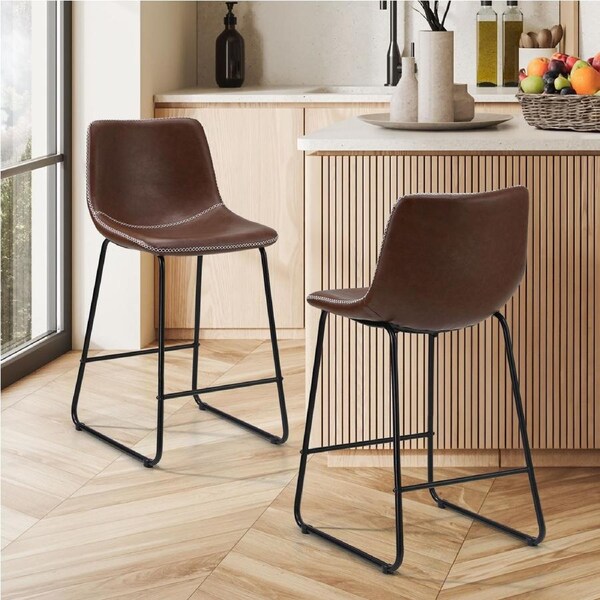Oikiture 2x Bar Stools Kitchen Dining Chairs Leather Padded Stool Brown