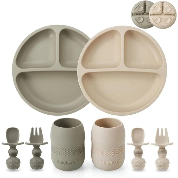 PandaEar Silicone Baby Feeding Set- 2 Pack Silicone Divided Suction Plate and 2 Pack Tiny Cup with 2 Spoons 2 Forks- Baby Led Weaning Supplies Self Feeding Eating Utensils (Light Tan/Walnut)