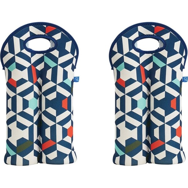 2x Annabel Trends Neoprene Double Bottle Bag 24x38cm Carry Wine Storage Geo