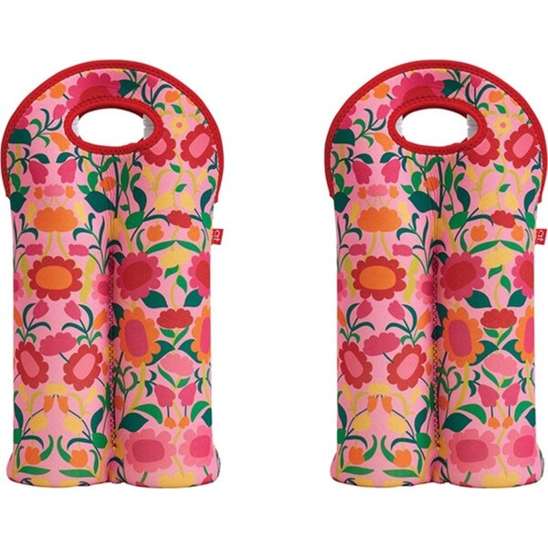 2x Annabel Trends Neoprene Double Bottle Bag 24x38cm Carry Storage Flower Patch
