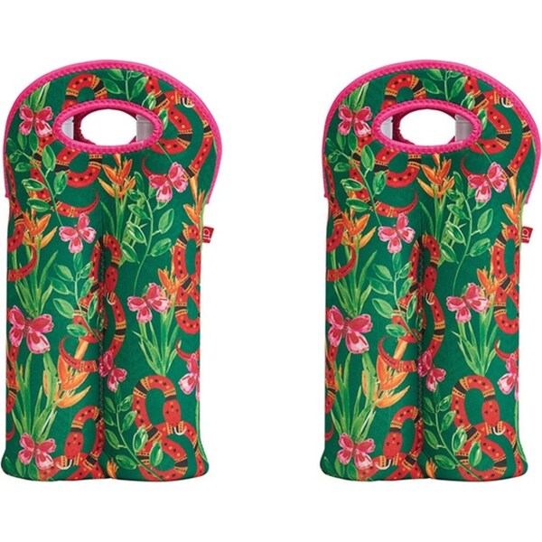 2x Annabel Trends Neoprene Double Bottle Bag 24x38cm Carry Storage Jungle Snake