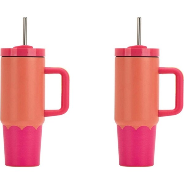 2x Annabel Trends Super Sip Wave 380ml S/S Cup Double Wall/Straw Orange Hot PNK