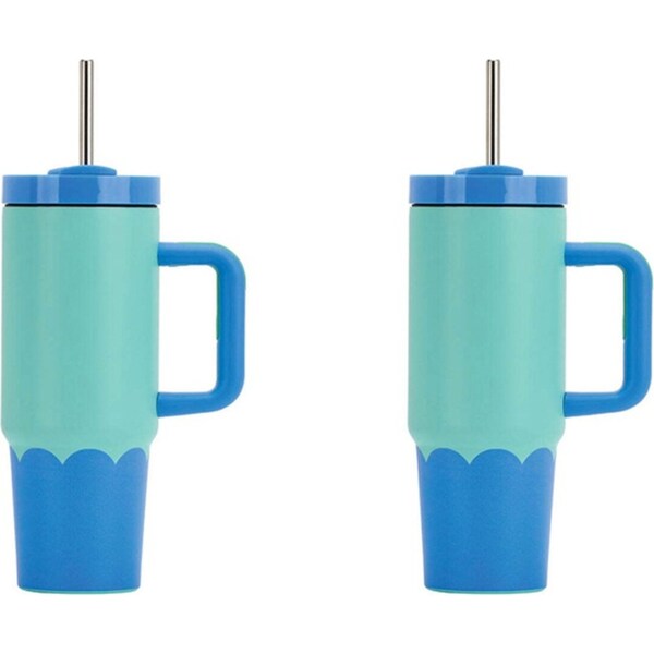 2x Annabel Trends Super Sip Wave 380ml S/S Cup Double Walled w/ Straw Aqua Blue