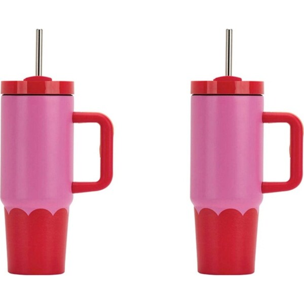 2x Annabel Trends Super Sip Wave 380ml S/S Cup Double Walled w/ Straw Pink Red