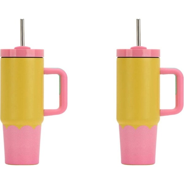 2x Annabel Trends Super Sip Wave 380ml S/S Cup Double Wall w/ Straw Yellow Candy
