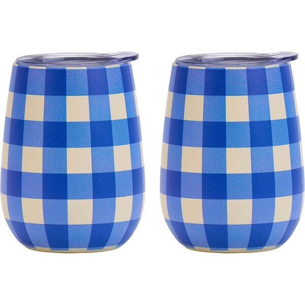 2x Annabel Trends 295ml S/Steel Wine Tumbler Double Walled Cup Cobalt Check