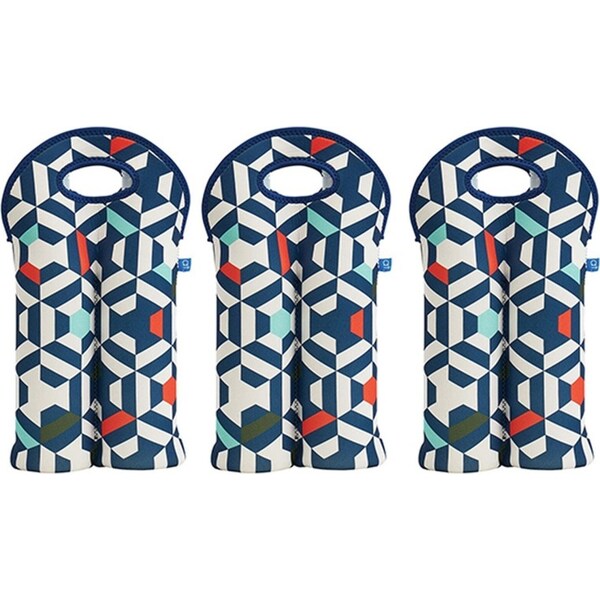 3x Annabel Trends Neoprene Double Bottle Bag 24x38cm Carry Wine Storage Geo