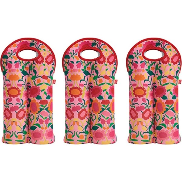 3x Annabel Trends Neoprene Double Bottle Bag 24x38cm Carry Storage Flower Patch