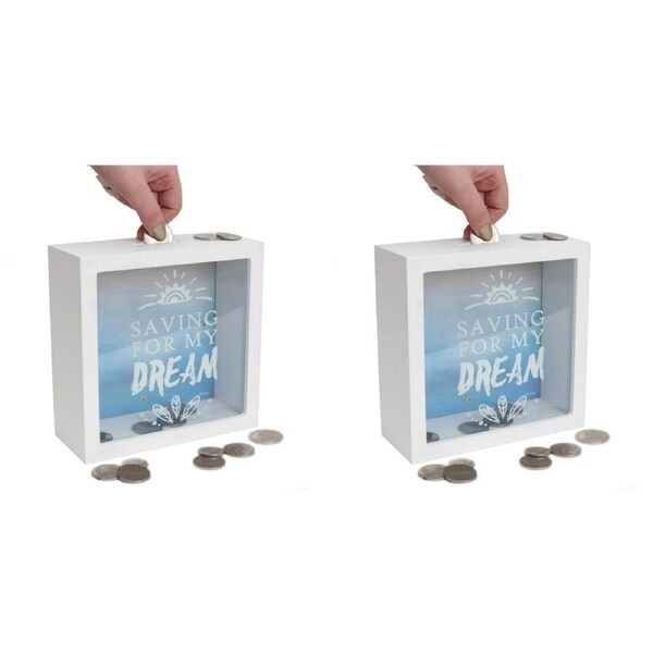 2x Splosh Saving For My Dream Fund Wood Change Box Storage 18x18cm Square White