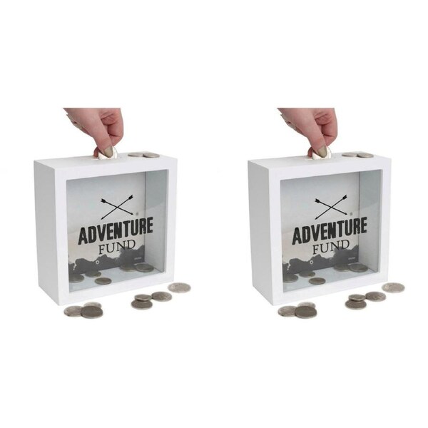2x Splosh Wood Adventure Fund Savings Money Change Box 18x18cm Square White