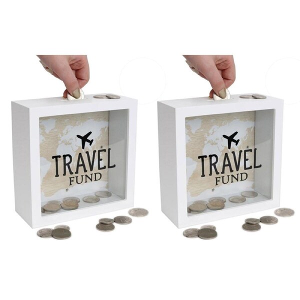 2x Splosh Travel Fund Savings Money Wood Change Box Storage 18x18cm Square White