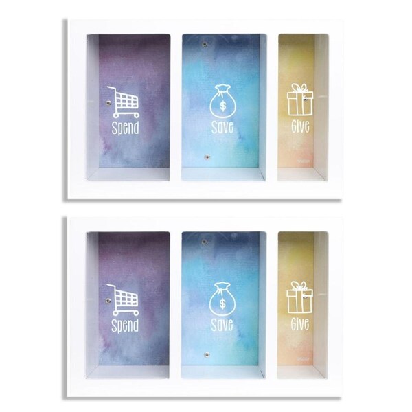 2x Splosh Spend Save Give Wood Change Box Money Storage 24x16cm Rectangle White