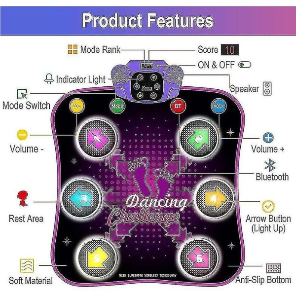 Kids Dance Mat compatible with 3 4 5 6 7 8 9 10+ Year Old With Bluetooth, Music Dance Pad With Light Up 6 Arrows, Electronic Dance Blanket Toys With 5