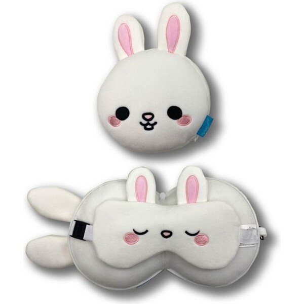 2pc Relaxeazzz Kids Rabbit Travel Pillow Plush Toy & Sleeping Eye Mask White