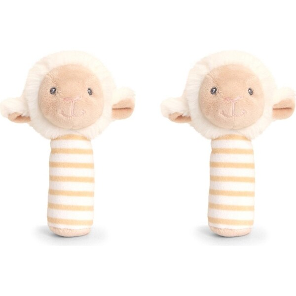 2x Keeleco Baby Lamb StickRattle Plush Interactive Play Grip Toy 14cm Beige 3+