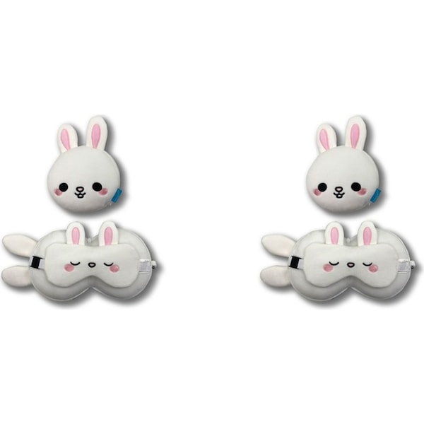 2x 2pc Relaxeazzz Kids Rabbit Travel Pillow Plush Toy & Sleeping Eye Mask White