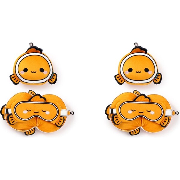 2x 2pc Relaxeazzz Kids Clownfish Travel Pillow Plush Toy/Sleeping Eye Mask ORNG