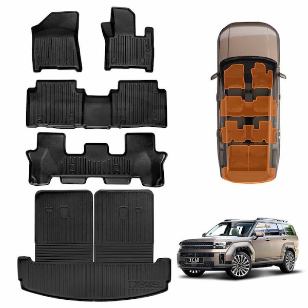 3D Heavy Duty All Weather Car Mats Boot Liner Floor Liner Full Set for Hyundai SantaFe Santa Fe 6/7 Seater 2024-Onwards Cargo Trunk Mat