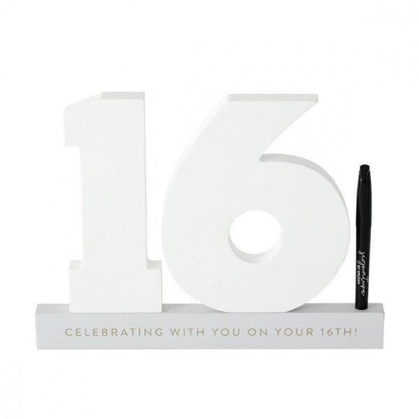 Splosh 16th Birthday Wooden Signature Number w/ Marker Keepsake 29x21cm White