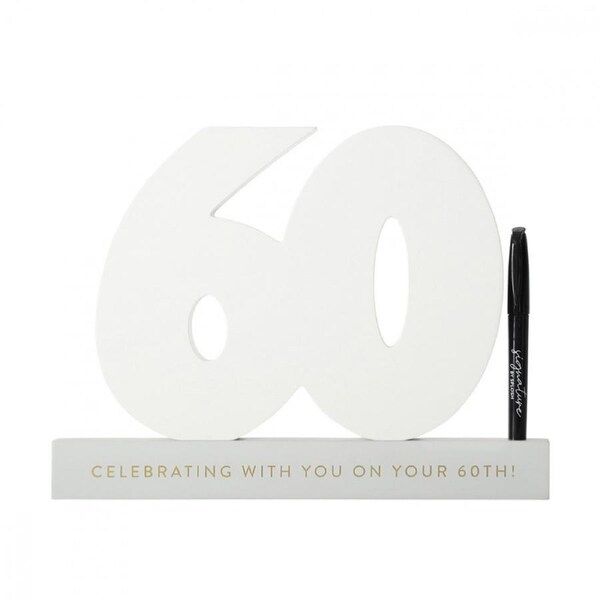 Splosh 60th Birthday Wooden Signature Number w/ Marker Keepsake 29x21cm White