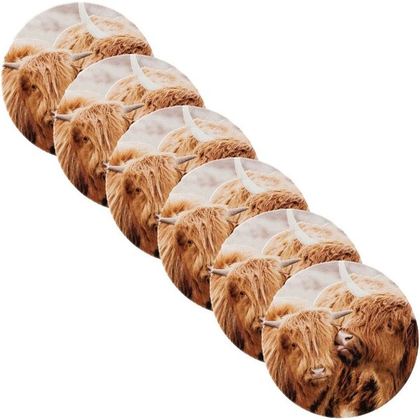 6x Splosh Home Sweet Home 11cm Highland Cows Round Ceramic Coaster Table