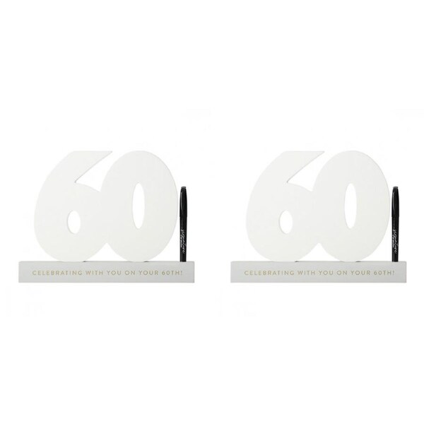 2x Splosh 60th Birthday Wooden Signature Number w/ Marker Keepsake 29x21cm White