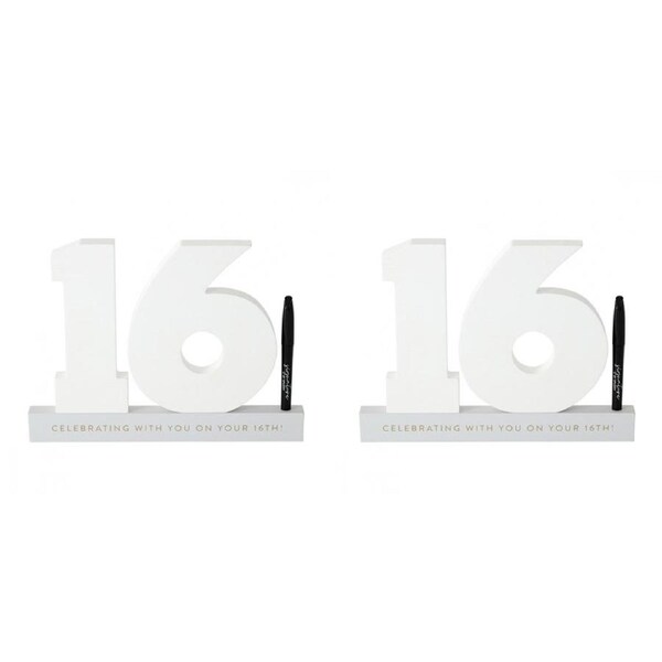 2x Splosh 16th Birthday Wooden Signature Number w/ Marker Keepsake 29x21cm White