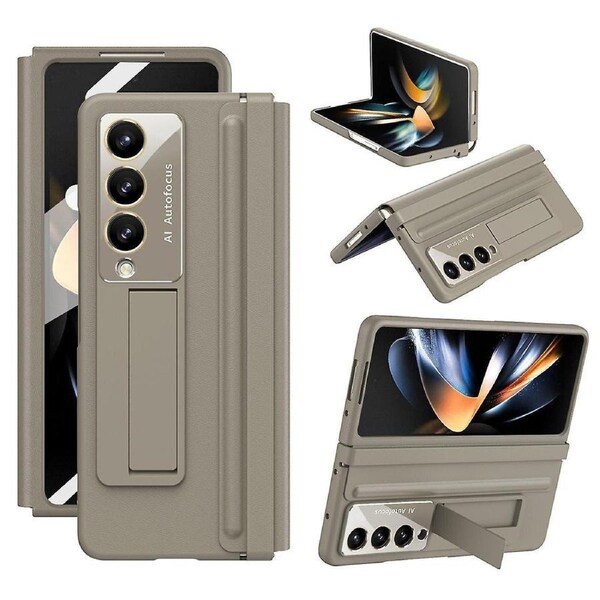 For Samsung Galaxy Z Fold4 5G Case Hinge Leather+PC Kickstand Cover with Tempered Glass Film